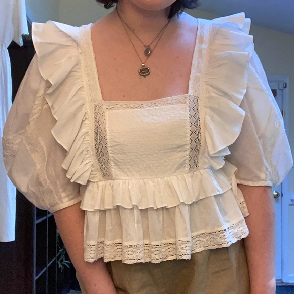 RHODE Charlotte Lace and Ruffle Cotton Peasant Blouse with puff sleeves LG - Picture 5 of 9